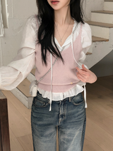 #BR ストラップ ピンタック レース フリル スプリング ブラウス