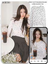 Print Cotton Bow Round Long Sleeve Tee
