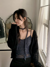 レオパードスリーブレスブラウス + タイセット (2color)