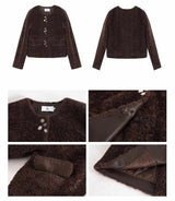 wool no collar brown button fur jacket