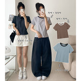コントラスト ネック ストライプ デリケート ベーシック フィット ショートスリーブ Tシャツ