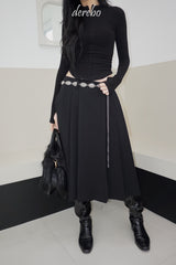 Black Royal Pleats Midi Skirt
