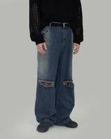 Ripper washed wide denim pants