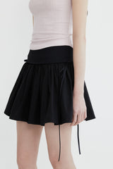 Ribbon tie cotton shirring skirt (BLACK)