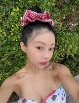 レッドチェッカーヘアシュートライプシュシュ