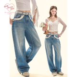 [GirlyFancyClub] Women's Lyocell Fiber Soft and Comfortable Lace Patch Retro Washed Blue Jeans