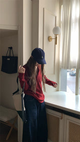 Round button waffle long-sleeved t-shirt