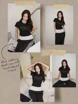 Black Lettering Beads Lace Frill Short-Sleeved T-Shirt