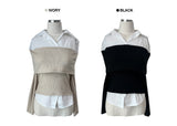 Off-shoulder color scheme shirt slim fit ribbed long sleeve knit T (2 colors)