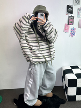 ストライプフリースワンサイドストリングアノラックニットスウェット 💙🩶🧡3COLOR