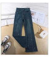 Dark Star Rhinestone Micro Flare Jeans – High Waist Relaxed Fit Wide Denim