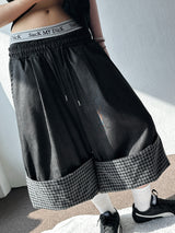 Check Roll-Up Detail Raw Denim Bermuda Shorts 2color