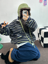 ストライプフリースワンサイドストリングアノラックニットスウェット 💙🩶🧡3COLOR