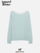 Mint off-shoulder lace long-sleeved see-through knitwear