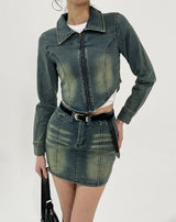 Beto Washing Cut Crop Denim Set Jacket