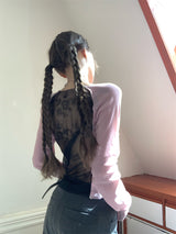 Back see-through lace long-sleeved T-shirt