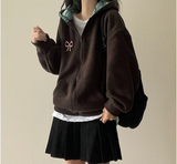 Check lining ribbon fleece hooded zip-up