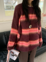 Hazy Hairy Stripe Loose Rose-Fit Knit