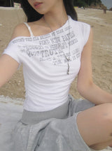 Miu Lettering Off-Shoulder Shirring Short Sleeve T-Shirt