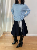 Dark blue raw cotton flared pleats midi skirt