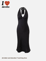dot halter-neck sleeveless V-neck long dress