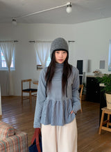 ホカム裏起毛ボーダーフリルタートルネックTシャツ