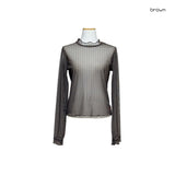 (3color) Wave Half-Neck Check Sheer Tee