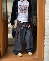 No.0858 HストライプPFワイドスナップパンツ
