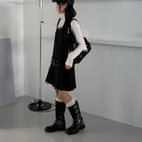 Six buckle belt long worker leather boots