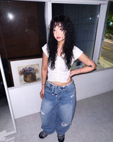 Fold-Over Distressed Wide Denim Pants