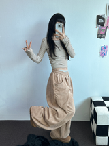 フリース❤フロントサイドバルーンコーデュロイバルーンロングパンツ 🤎💛🖤🩶🩷6カラー