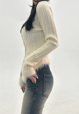 WOOL-BLEND♥ファーディテールチューリップUネックスリムニットリブカーディガン - 3 COLOR
