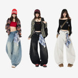 Americana Curved Wide Leg Denim Pants with Detachable Scarf