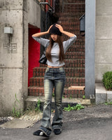 [U-BASIC] Nut Boat Neck Slim Crop Three Quarter Tee