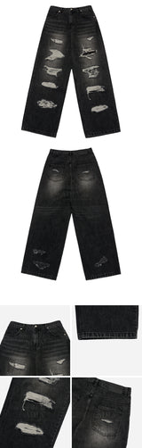 24FW DAMAGE STITCH WASHING DENIM PANTS BLACK