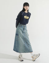 Back Slit Cargo Denim Long Skirt