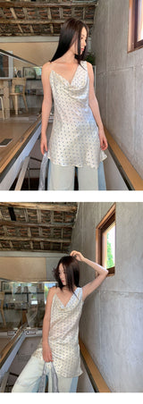 silk dot unbalanced sleeveless blouse top