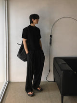 [A-T0138] ワッフルヘンリーネッククロップ半袖Tシャツ (5色)