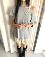 テルマシルバースタッドルーズフィットオフショルダー半袖Tシャツ