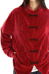 velvet chenille embroidered Mandarin collar shirt
