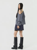 One-shoulder Blanc Ribbon Shirring Detail Top, Charcoal