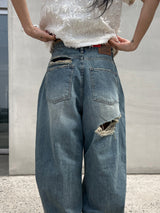 [OOTJ ITEM] ルステッドウィークデストロイドワイドルーズフィットロングデニムパンツ (Denim)
