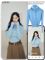 Sky blue high-neck button long-sleeved knitwear