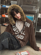 Loud Corduroy Studded Fur Hooded Zip-Up