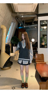 French checkered pocket loose fit long-sleeved shirt