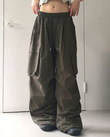 Bakin Nylon Cargo Two-Way Banding Long Wide Jogger Pants