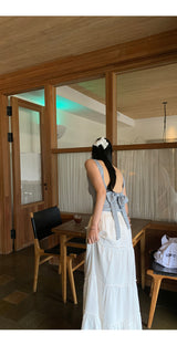 Blue Check Backless Ribbon Sleeveless Tee