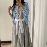 オイタラウンドネックナイロンシャーリングビスチェスリーブレスマキシドレス2カラーズ