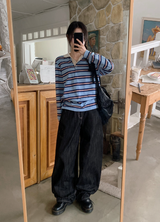 ピンクハートステッチノンフェードデニムワイドパンツ