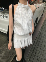 アトリエ ドット フリル ホルター フレア ミニ ドレス